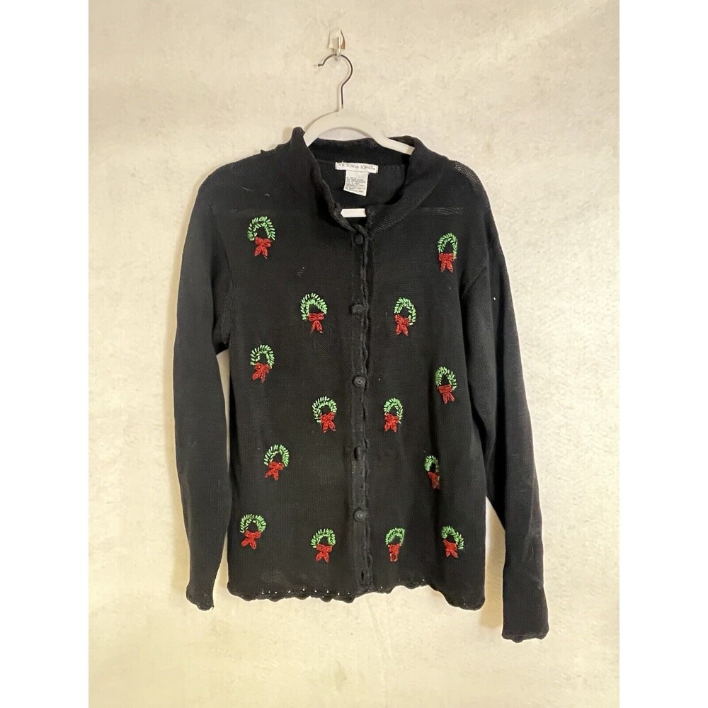 Victoria Jones Christmas Sweater Cardigan Petite Medium Knit Embroidered Festive